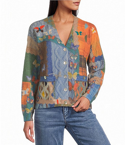John Mark Knit Patchwork Butterfly Print V-Neck Long Sleeve Button Front Cardigan