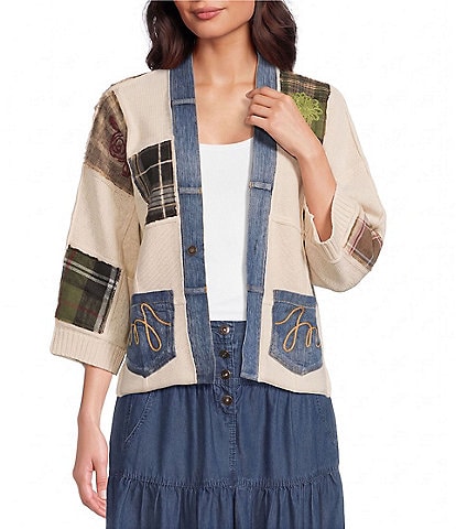 John Mark Knit Patchwork Embroidered Shawl Collar 3/4 Sleeve Button Front Cardigan