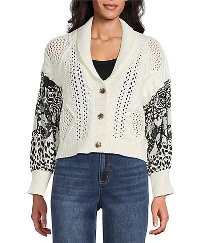 John Mark Knit Patchwork Print Shawl Collar Embroidered Long Sleeve Button Front Cardigan