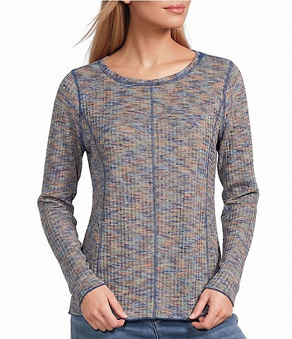 John Mark Knit Space Dyed Round Neck Long Sleeve Top
