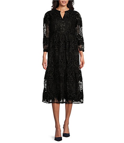 John Mark Lace Tiered Y-Neck Long Sleeve Midi Dress