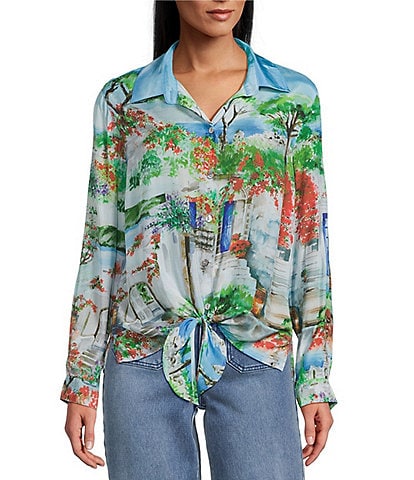 John Mark Landscape Print Point Collar 3/4 Roll-Tab Sleeve Button Front Shirt