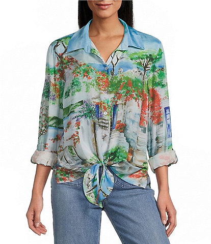 John Mark Landscape Print Point Collar 3/4 Roll-Tab Sleeve Button Front Shirt