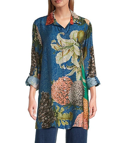 John Mark Large Multi Floral Print Point Collar Long Sleeve Roll Tab Button Up Tunic