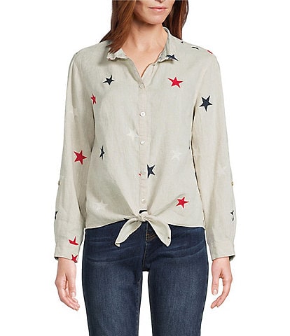 John Mark Linen Allover Embroidered Stars Wire Collar Long Roll-Tab Sleeve Button Front Tie Blouse