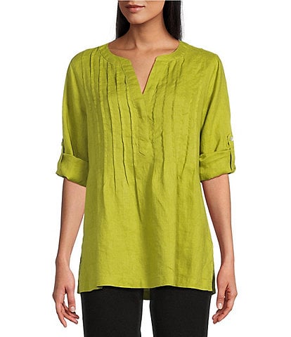 John Mark Linen Y-Neck Roll Tab Sleeve Pintuck Tunic