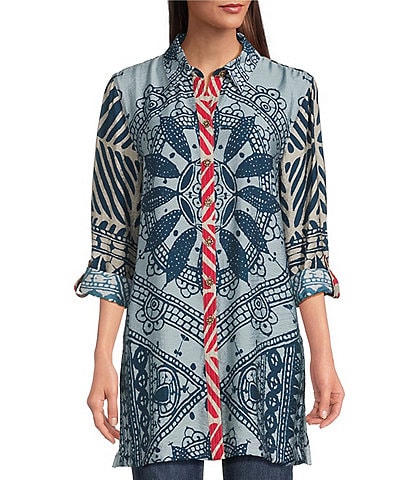 John Mark Medallion Abstract Print Point Collar Long Roll-Tab Sleeve Button Front Tunic