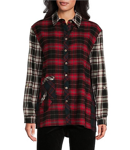 John Mark Mix Plaid Collared Long Sleeve Button Down Top