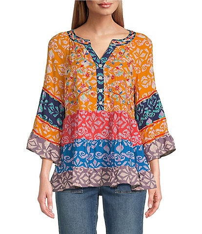 John Mark Mix Print Embroidered Y-Neck 3/4 Sleeve Button Front Top