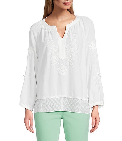 John Mark Mixed Eyelet Y-Neck 3/4 Sleeve Top