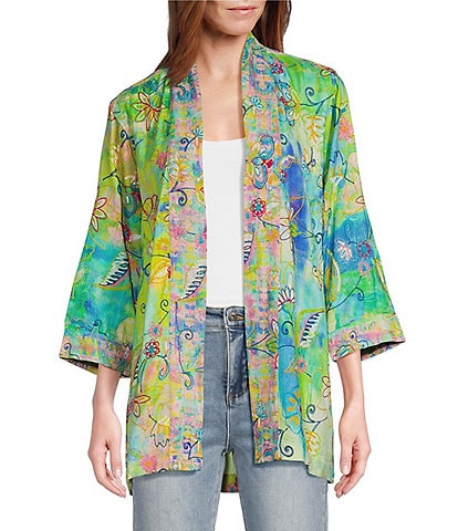 John Mark Mixed Print Floral Embroidery Banded Neck 3/4 Cuffed Sleeve Open Front Woven Kimono