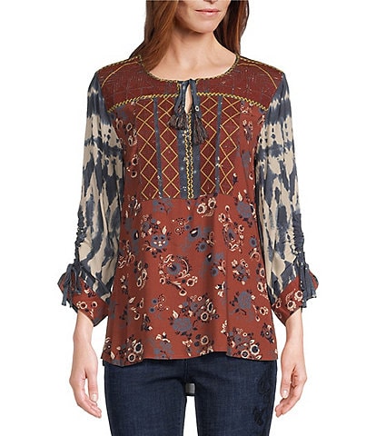 John Mark Mixed Print Split V-Neck 3/4 Sleeve Tunic Top