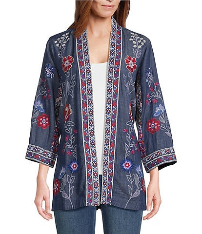 John Mark Mixed Print Woven Banded Neck 3/4 Cuffed Sleeve Embroidered Side Seam Pockets Open Front Kimono