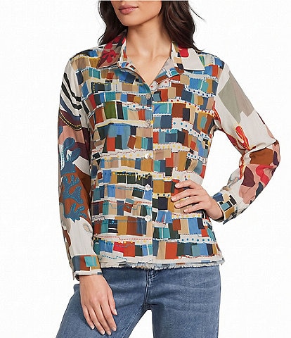 John Mark Multi Color Abstract Wire Collar Long Roll-Tab Sleeve Button Front Shirt