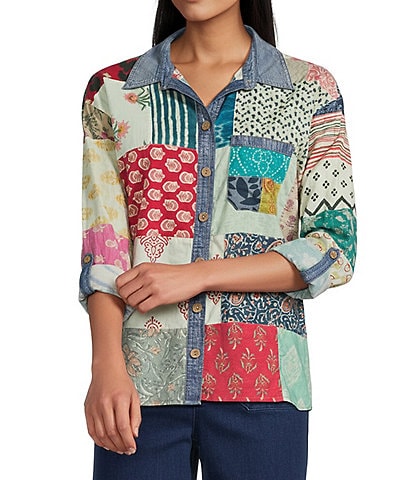 John Mark Multi Print Patched Point Collar Long Roll-Tab Sleeve Button Front Tunic