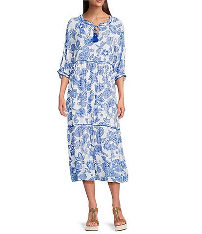 John Mark Paisley Split Neck Elbow Sleeve Print Tiered Midi Dress
