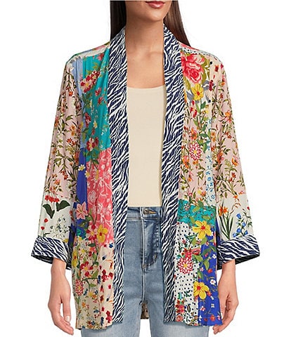 John Mark Patch Print Floral Embriodered Open Front 3/4 Sleeve Kimono