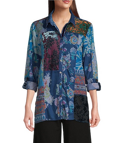 John Mark Patchwork Print Button Front Long Roll-Tab Sleeve Blouse
