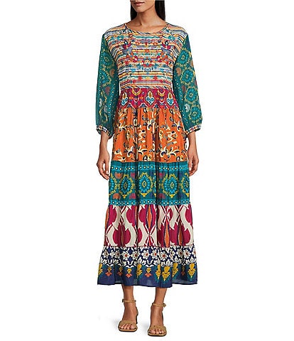 John Mark Patchwork Print Woven Crew Neck 3/4 Sleeves Embroidered A-Line Midi Dress