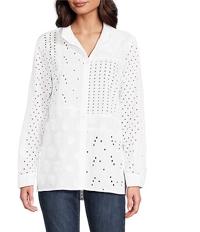 John Mark Petite Size Allover Embroidered Eyelet Wire Neck Long Roll-Tab Sleeve Button Front Blouse