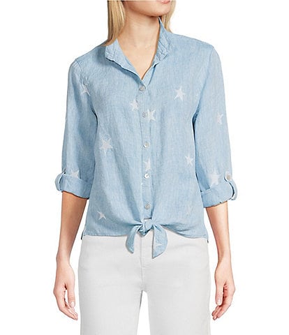 John Mark Petite Size Allover Embroidered Stars Wire Collar Long Roll-Tab Sleeve Button Front Tie Blouse
