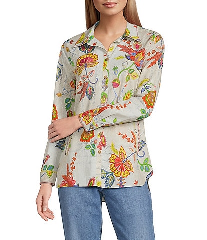 John Mark Petite Size Embroidered Floral Point Collar Long Roll-Tab Sleeve Button-Front Blouse