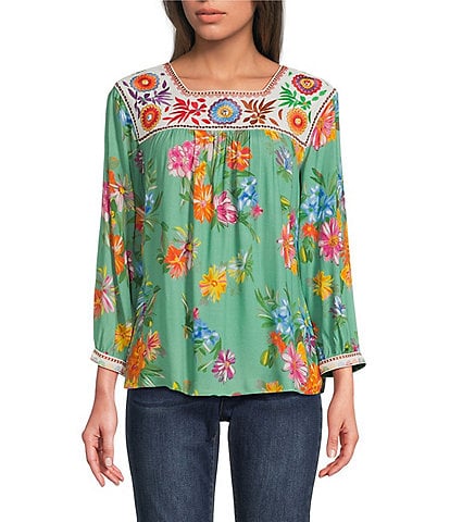 John Mark Petite Size Embroidered Floral Print Square Neck 3/4 Sleeve Peasant Top