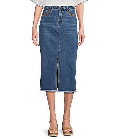 John Mark Petite Size Embroidered Front Slit Midi Denim Skirt