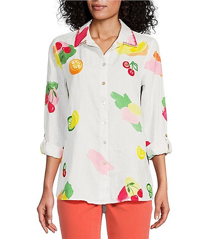 John Mark Petite Size Embroidered Fruit Print Linen Point Collar 3/4 Roll-Tab Sleeve High-Low Hem Button-Front Tunic