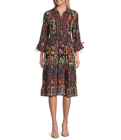 John Mark Petite Size Embroidered Mixed Print Collared Y-Neck 3/4 Cinched Tie Sleeve Tiered A-Line Midi Dress