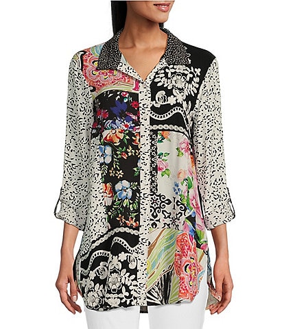 John Mark Petite Size Embroidered Multiple Print Point Collar 3/4 Roll-Tab Sleeve Button-Front Tunic