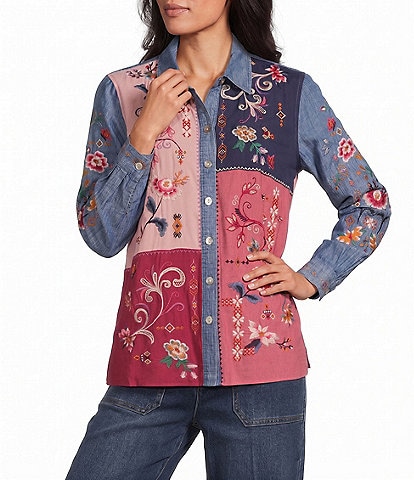 John Mark Petite Size Embroidered Patchwork Point Collar Long Sleeve Button-Front Shirt