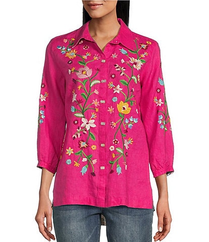 John Mark Petite Size Embroidered Point Collar 3/4 Sleeve Button Front Tunic