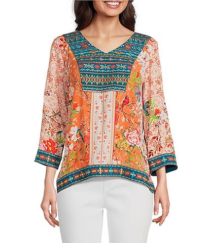 John Mark Petite Size Embroidered Printed V-Neck 3/4 Sleeve Top