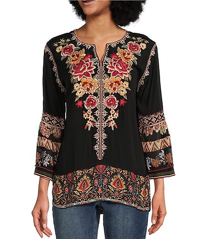 John Mark Petite Size Embroidered Printed Woven Georgette Split Neck 3/4 Bell Sleeve Tunic