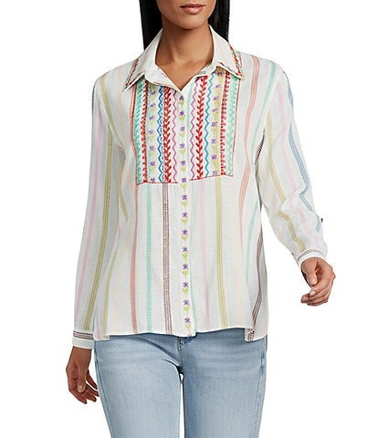 John Mark Petite Size Embroidered Stripe Floral Leaf Print Point Collar Long Roll-Tab Sleeve Button Front Blouse