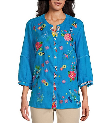 John Mark Petite Size Floral Embroidered Split Round Neck 3/4 Sleeve Button-Front Tunic