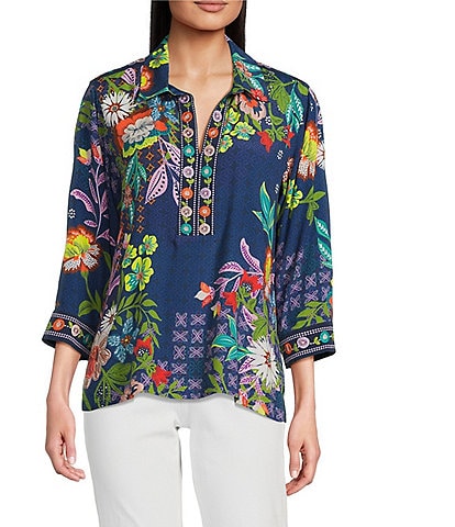 John Mark Petite Size Floral Embroidered Woven Point Collar 3/4 Cuff Sleeve Popover Top