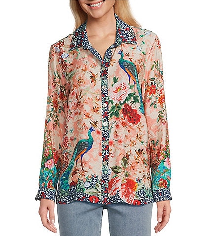 John Mark Petite Size Floral Multi Woven Point Collar Long Roll-Tab Sleeve Button Front Shirt