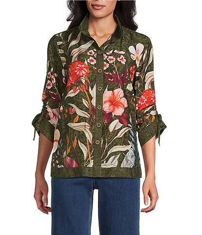 John Mark Petite Size Floral Print Woven Wire Collar 3/4 Cinched Tie Sleeves Button Front Top