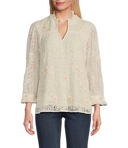 John Mark Petite Size Lace Knit Embroidered Mandarin Collar Long Sleeve Allover Beaded Top