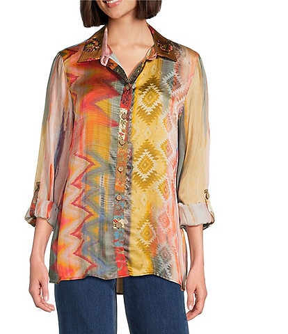 John Mark Petite Size Mixed Multi Print Point Collar Long Roll-Tab Sleeves Button Front Tunic