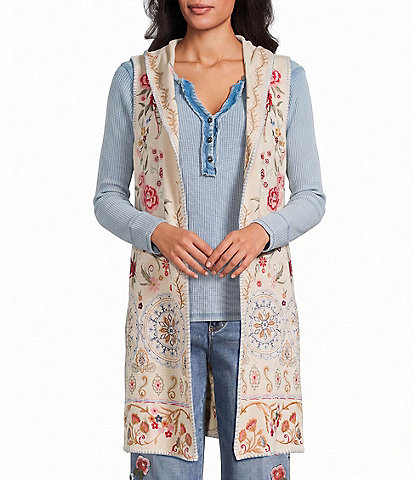John Mark Petite Size Multi Floral Mandala Embroidery Open-Front Hooded Jacket