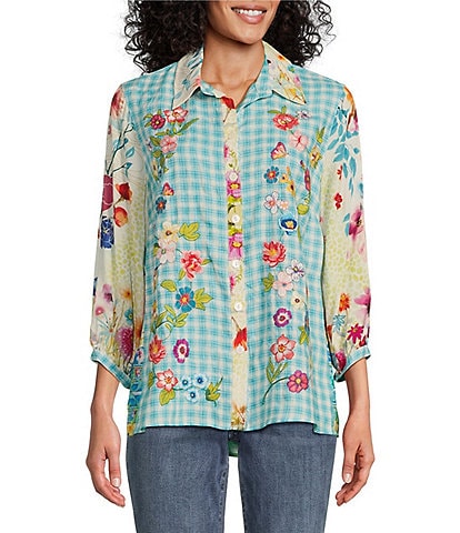 John Mark Petite Size Plaid Embroidered Floral Point Collar 3/4 Sleeve Button-Front Shirt