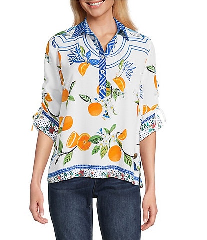 John Mark Petite Size Printed Wire Neck 3/4 Cinch Tie Sleeve Tunic