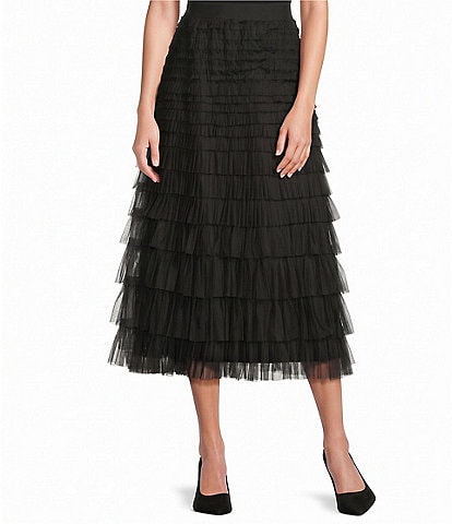 John Mark Petite Size Ruffled Tulle Tiered Pull-On A-Line Midi Skirt
