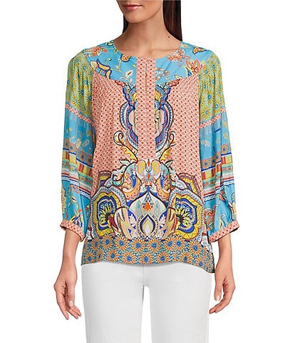 John Mark Petite Size Shirring Woven Printed Scoop Neck 3/4 Sleeve Top