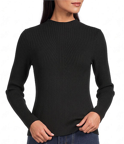 John Mark Petite Size Solid Ribbed Knit Mock Neck Long Sleeve Sweater