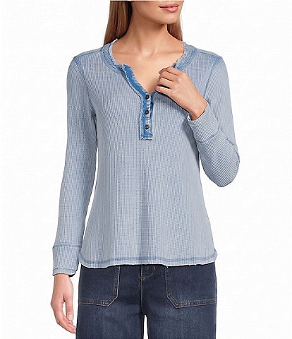 John Mark Petite Size Solid Washed Waffle Knit Split V-Neck Long Sleeve Top