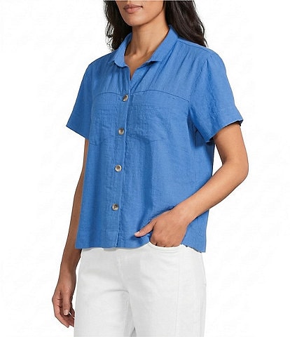 John Mark Petite Size Solid Wire Collar Short Sleeve Button Front Shirt